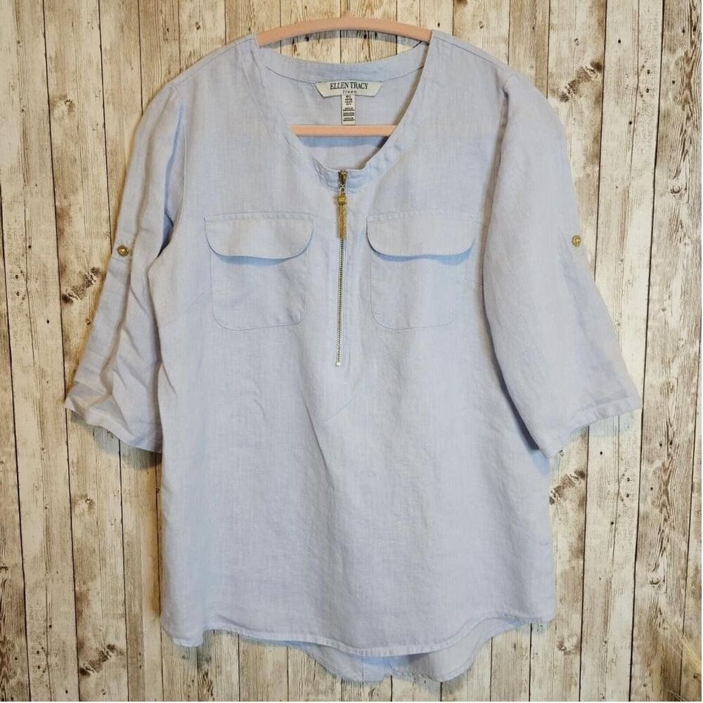 Ellen Tracy Shirt Womens S Blue 100% Linen Gold Cluster Chain Zipper Pull Tunic